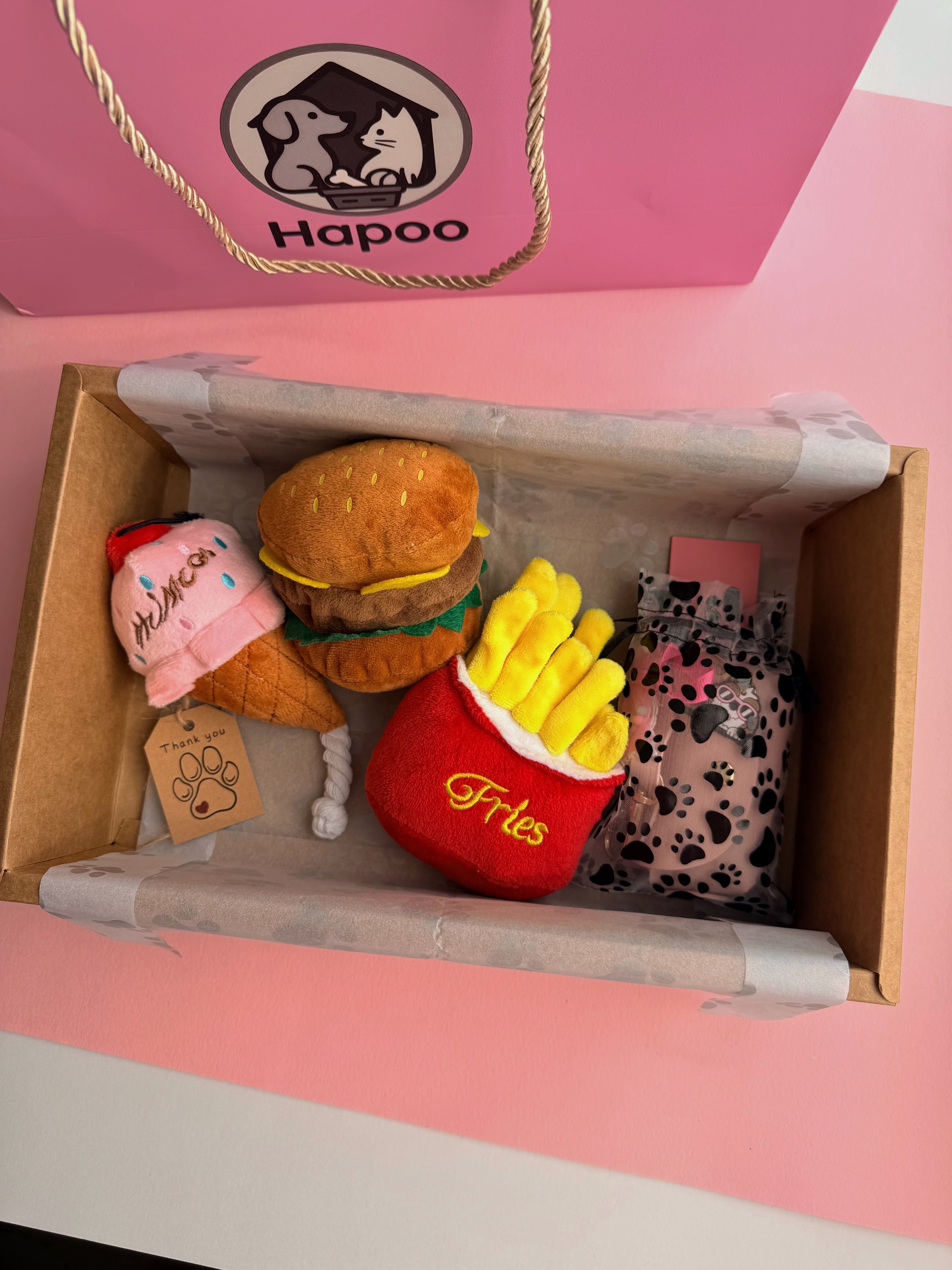 Pink Ice Cream, Burger & Fries Dog Toy Bundle