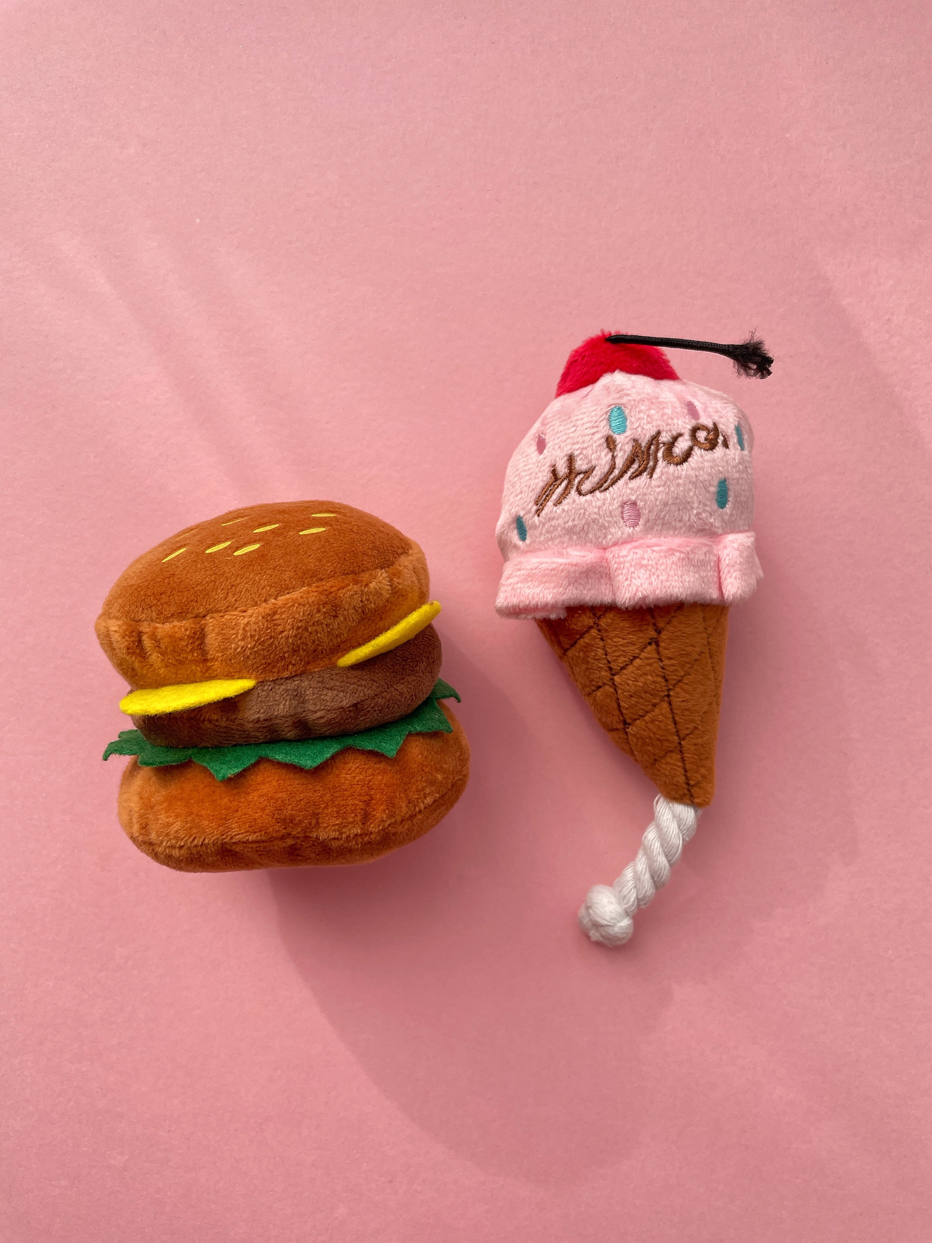 Burger & Pink Ice Cream Dog Toy Bundle