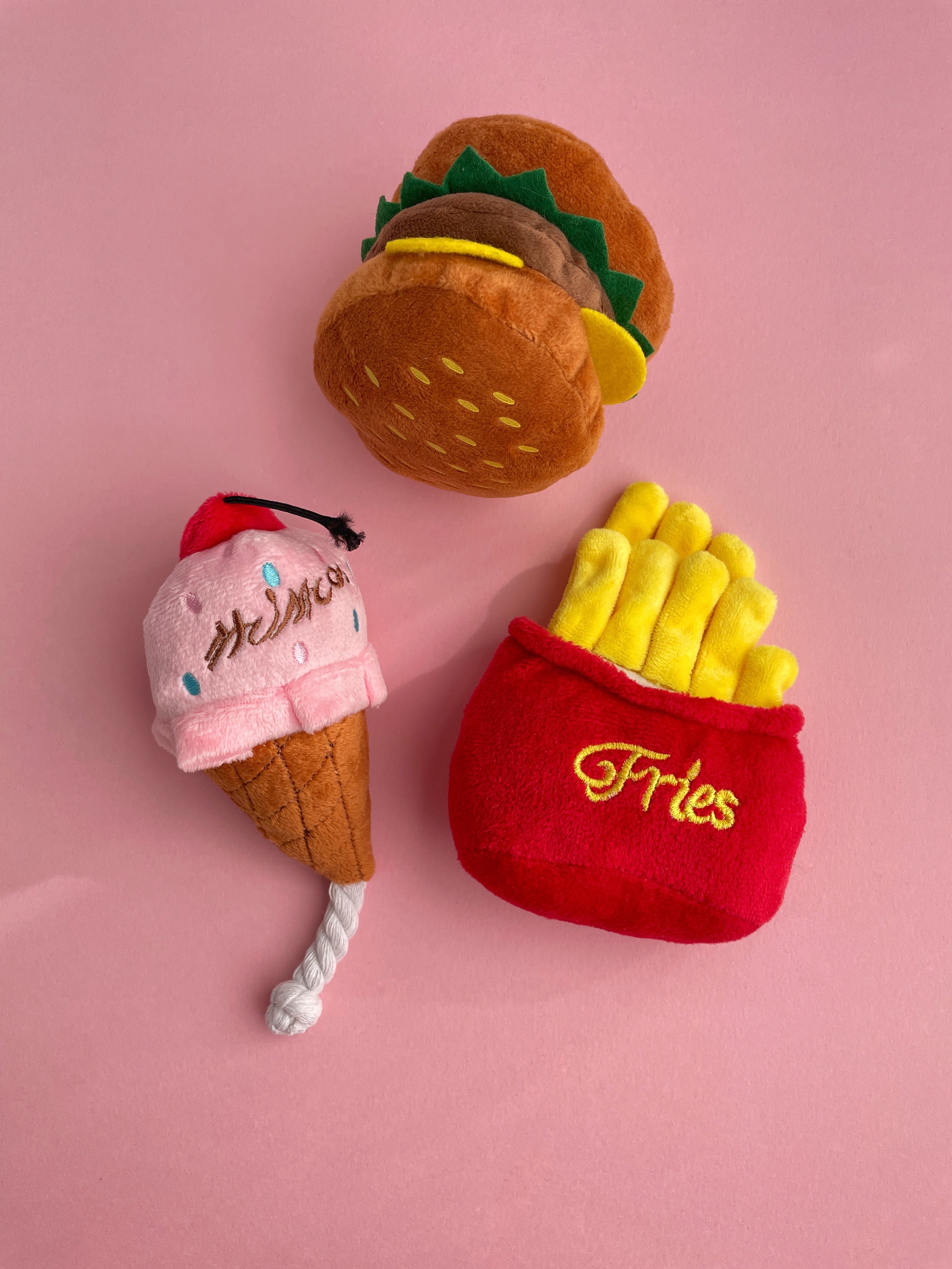 Pink Ice Cream, Burger & Fries Dog Toy Bundle
