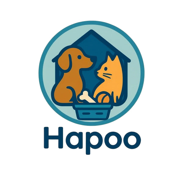 Logo of Hapoo with a dog and cat inside a house on a light blue background